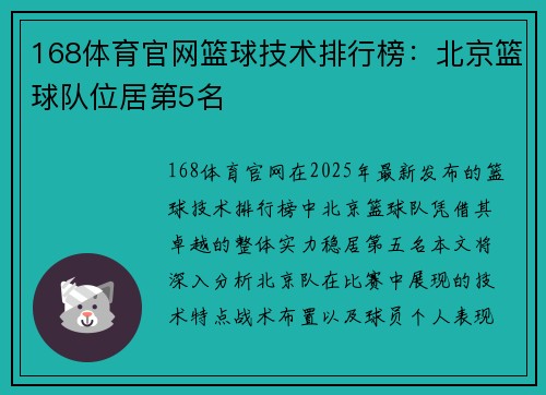 168体育官网篮球技术排行榜：北京篮球队位居第5名