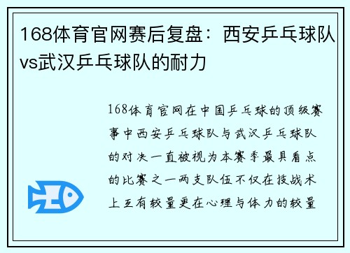 168体育官网赛后复盘：西安乒乓球队vs武汉乒乓球队的耐力