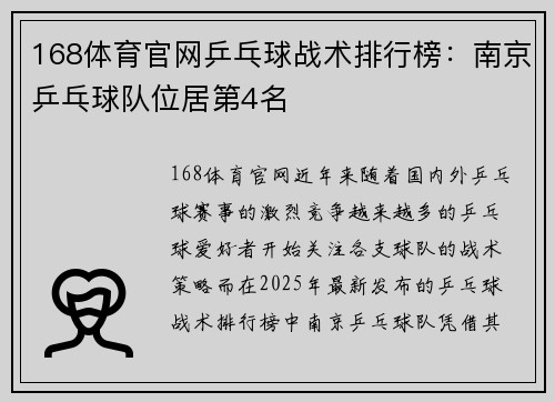 168体育官网乒乓球战术排行榜：南京乒乓球队位居第4名