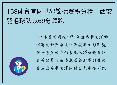 168体育官网世界锦标赛积分榜：西安羽毛球队以69分领跑
